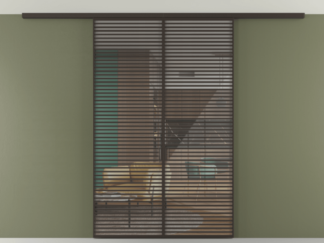 Перегородка Формато вдоль стены на потолок 2 створки АЛПР 040.07 Алюминий антрацит Рефлективное прозрачное стекло "Стопсол", калёное Цена 380156 ₽ | Volhovec