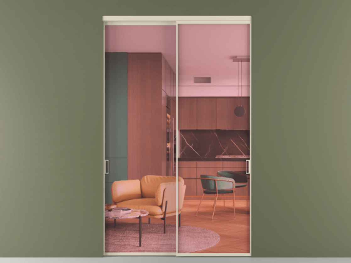 Межкомнатная дверь New Перегородка Formato внутри проёма двустворчатая АЛПР 040.01 Алюминий бежево-серый Прозрачное розовое стекло, триплекс Цена 36641500  | Volhovec