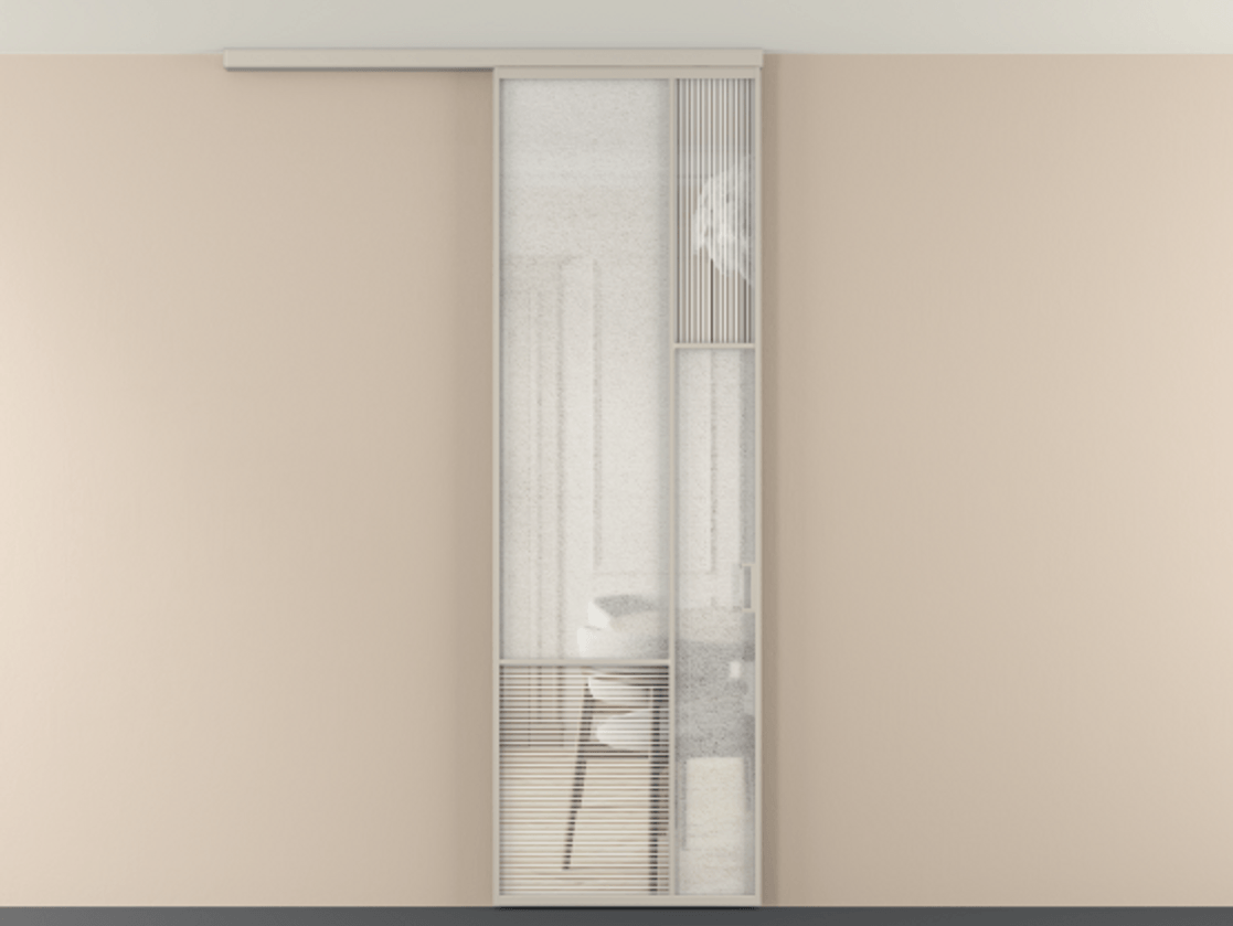 Перегородка Mosaic вдоль стены на потолок 1 створка АЛПР 041.12 Алюминий светло-бежевый Рифлёное стекло "Дюна", триплекс, 6 мм + Фактурное стекло "Лёд", триплекс Цена 143040 ₽ | Volhovec