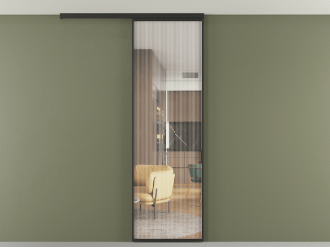 Перегородка Формато вдоль стены на потолок 1 створка АЛПР 040.01 Алюминий Черный Рифлёное стекло "Мору", триплекс Цена 94898 ₽ | Volhovec