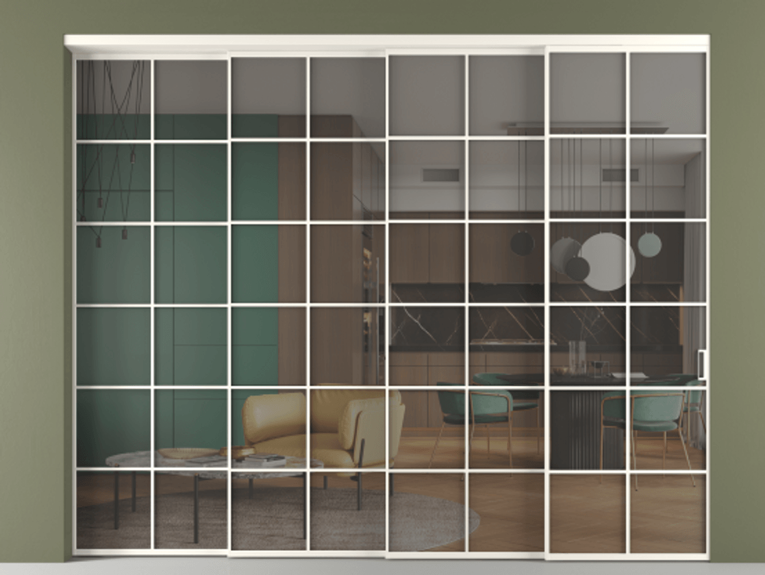 Перегородка Формато внутри проёма 4 створки с синхронным механизмом АЛПР 040.05 Алюминий пудровый белый Прозрачное серое стекло, триплекс Цена 488680 ₽ | Volhovec