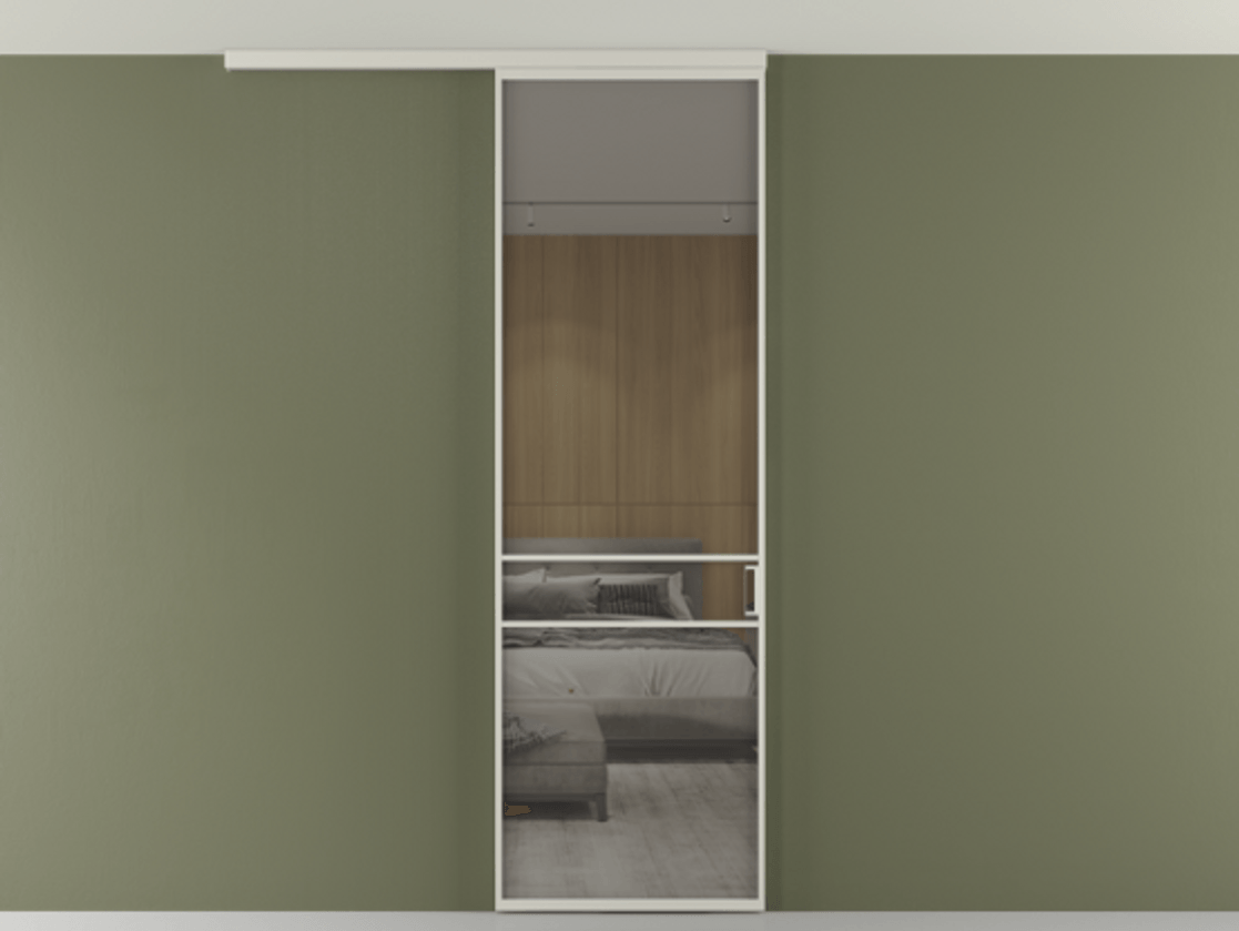 Перегородка Формато вдоль стены на потолок 1 створка АЛПР 040.02 Алюминий тёплый серый Рефлективное серое стекло "Стопсол", калёное Цена 125510 ₽ | Volhovec