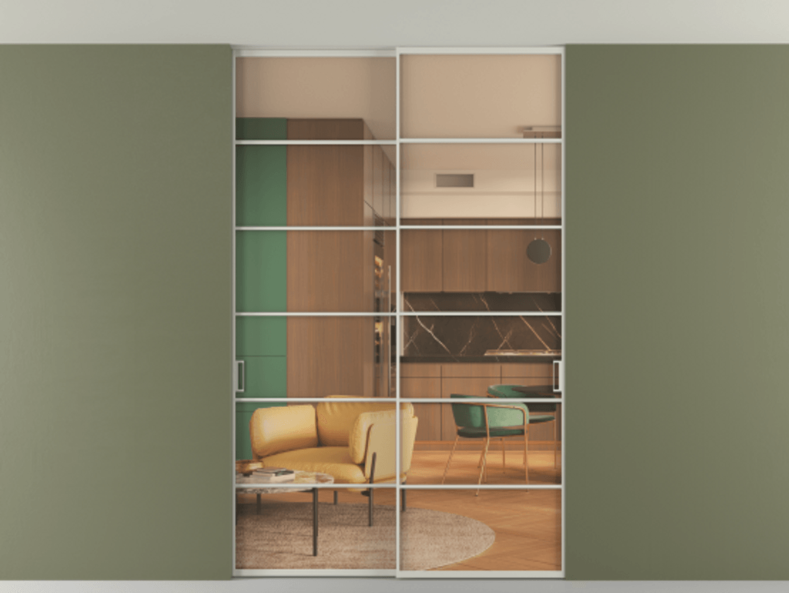 Перегородка Формато внутри проёма скрытое крепление в потолок 2 створки АЛПР 040.04 Алюминий тёплый серый Прозрачное оранжевое стекло, триплекс Цена 261085 ₽ | Volhovec