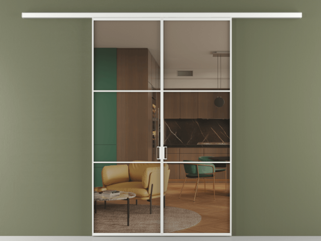 Перегородка Формато вдоль стены 2 створки АЛПР 040.03 Алюминий белоснежный Прозрачное бронзовое стекло, триплекс Цена 195450 ₽ | Volhovec