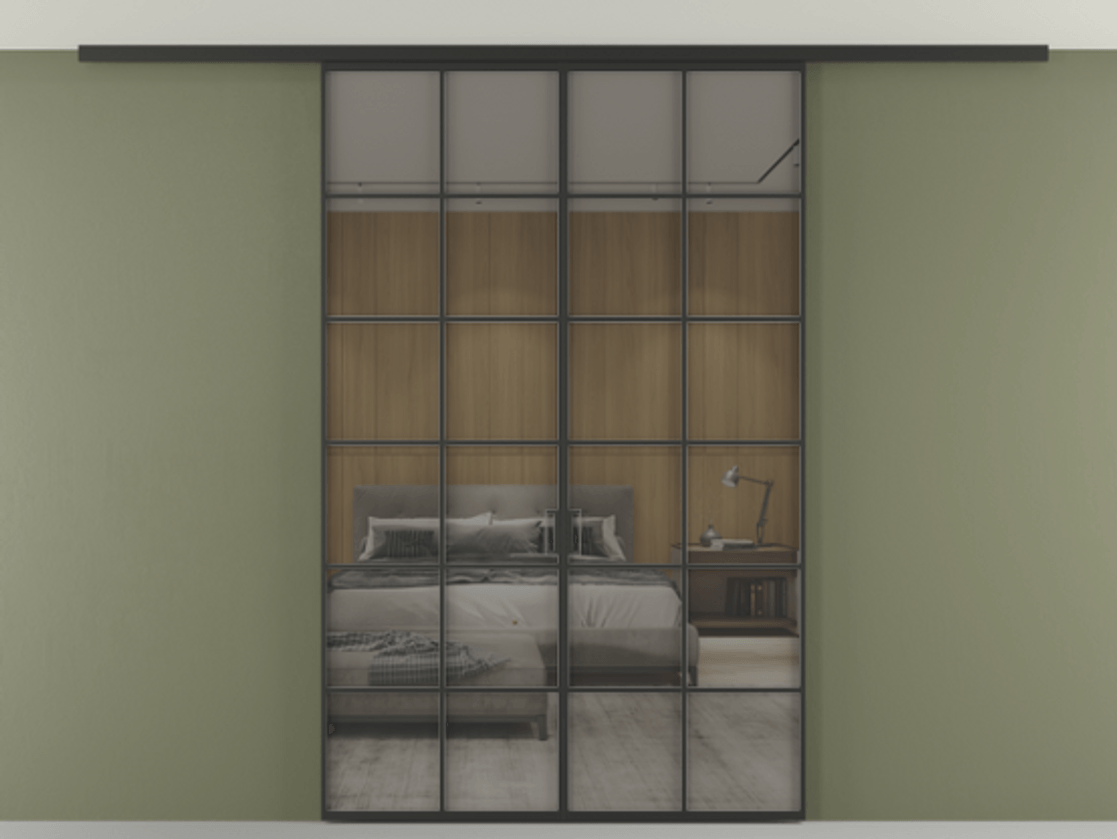 Перегородка Формато вдоль стены на потолок 2 створки АЛПР 040.05 Алюминий Черный Рефлективное серое стекло "Стопсол", калёное Цена 213264 ₽ | Volhovec