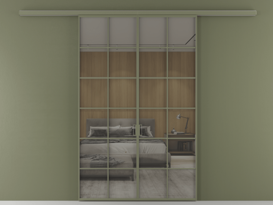 Перегородка Формато вдоль стены 2 створки АЛПР 040.05 Алюминий оливковый тёмный Рефлективное серое стекло "Стопсол", калёное Цена 264600 ₽ | Volhovec