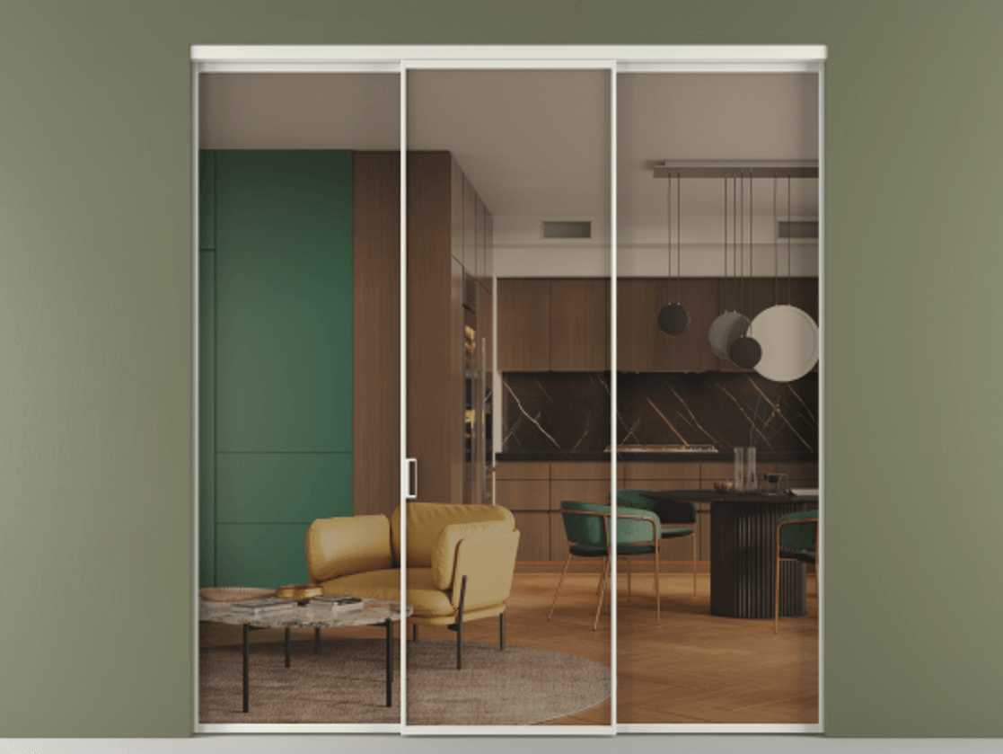 Перегородка Формато внутри проёма 3 створки АЛПР 040.01 Алюминий серый Прозрачное бронзовое стекло, триплекс Цена 247640 ₽ | Volhovec