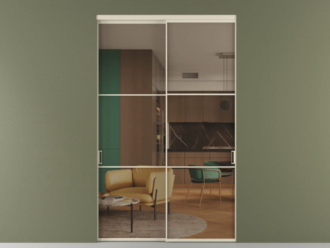 Перегородка Формато внутри проёма 2 створки АЛПР 040.03 Алюминий бежево-серый Прозрачное бронзовое стекло, триплекс Цена 424750 ₽  | Volhovec