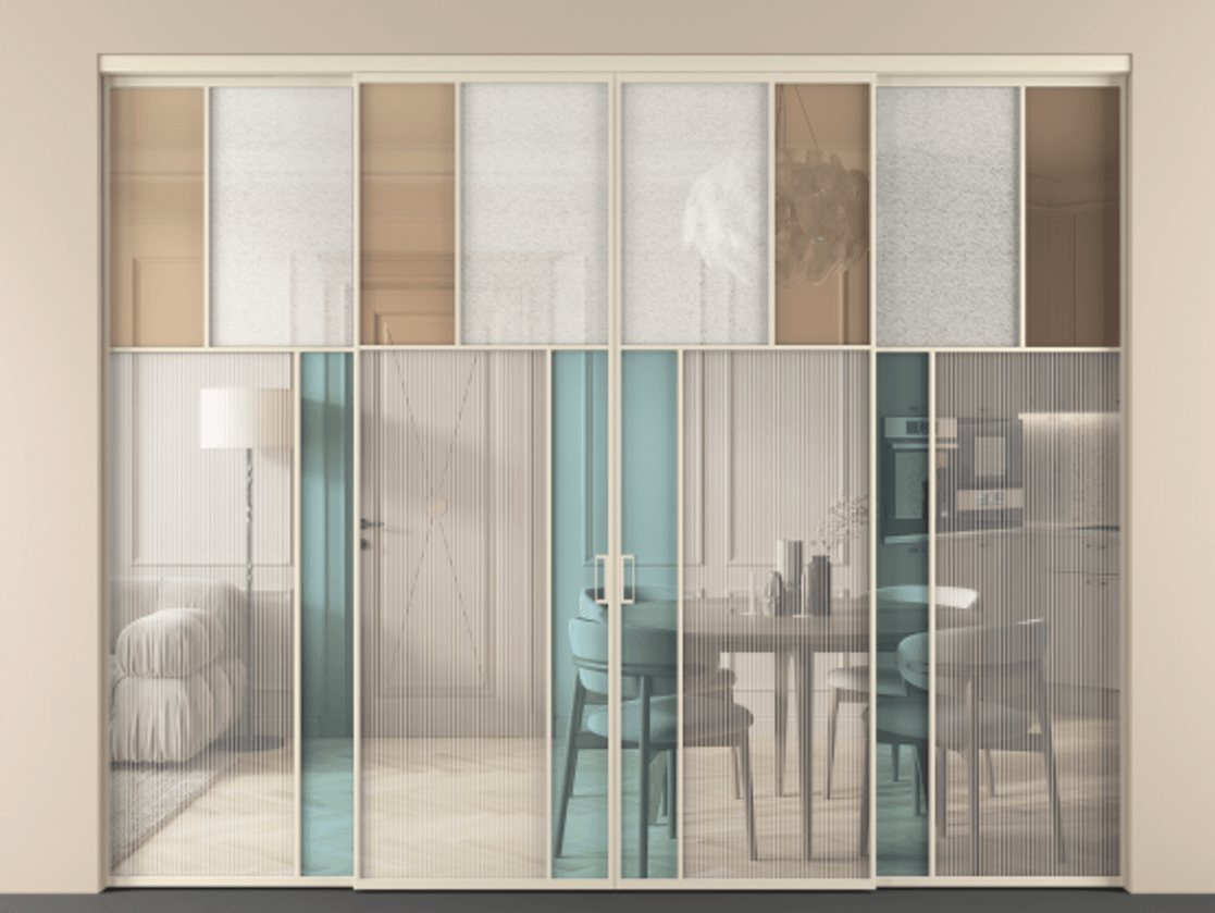 Перегородка Mosaic внутри проёма четырёхстворчатая АЛПР 041.22 Алюминий бежево-серый Комбинация стекол Группы 1 и Группы 3 Цена 434580 ₽ | Volhovec