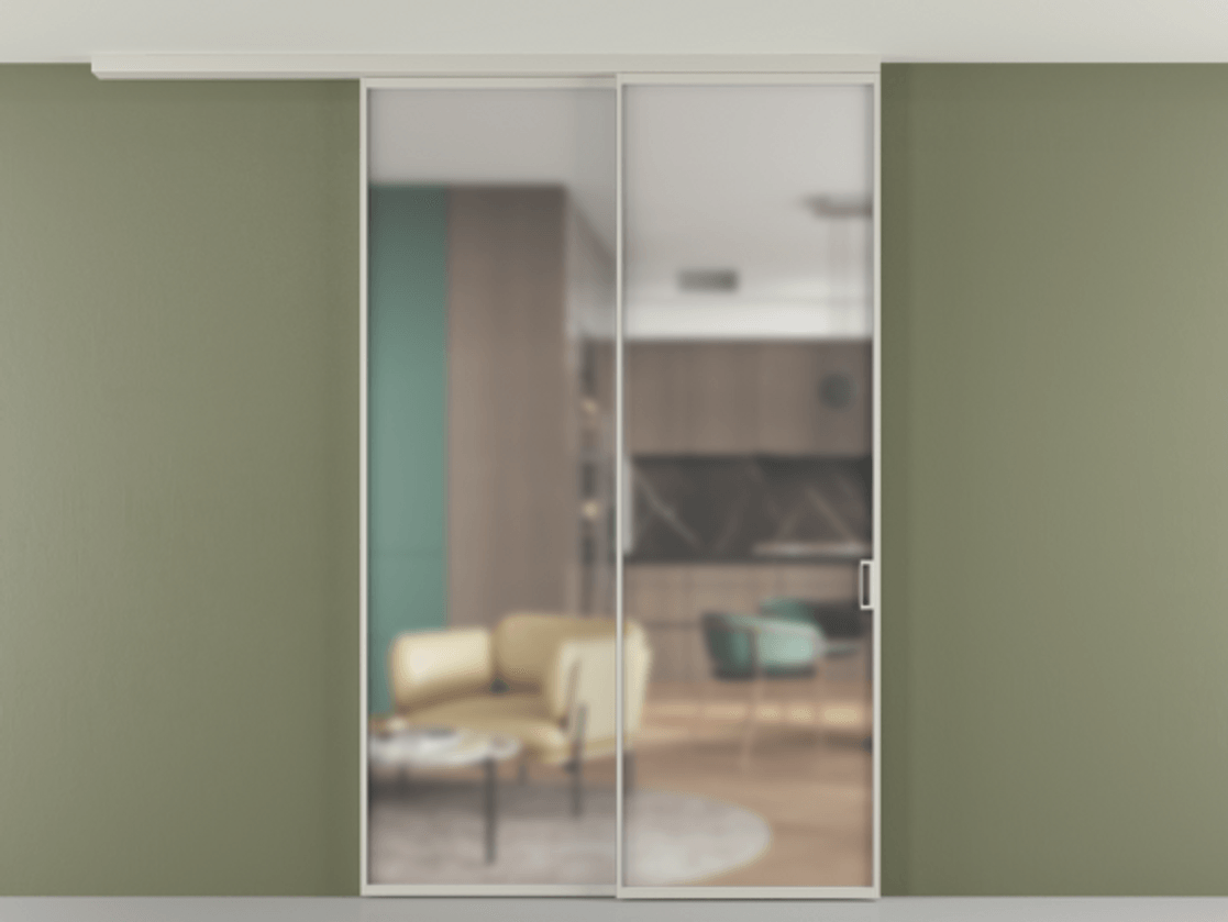 Перегородка Формато вдоль стены на потолок 2 створки с синхронным механизмом АЛПР 040.01 Алюминий тёплый серый Сатинированное стекло "Мателюкс Кристал Вижн", калёное, матовое, каленое 6 мм Цена 315140 ₽ | Volhovec