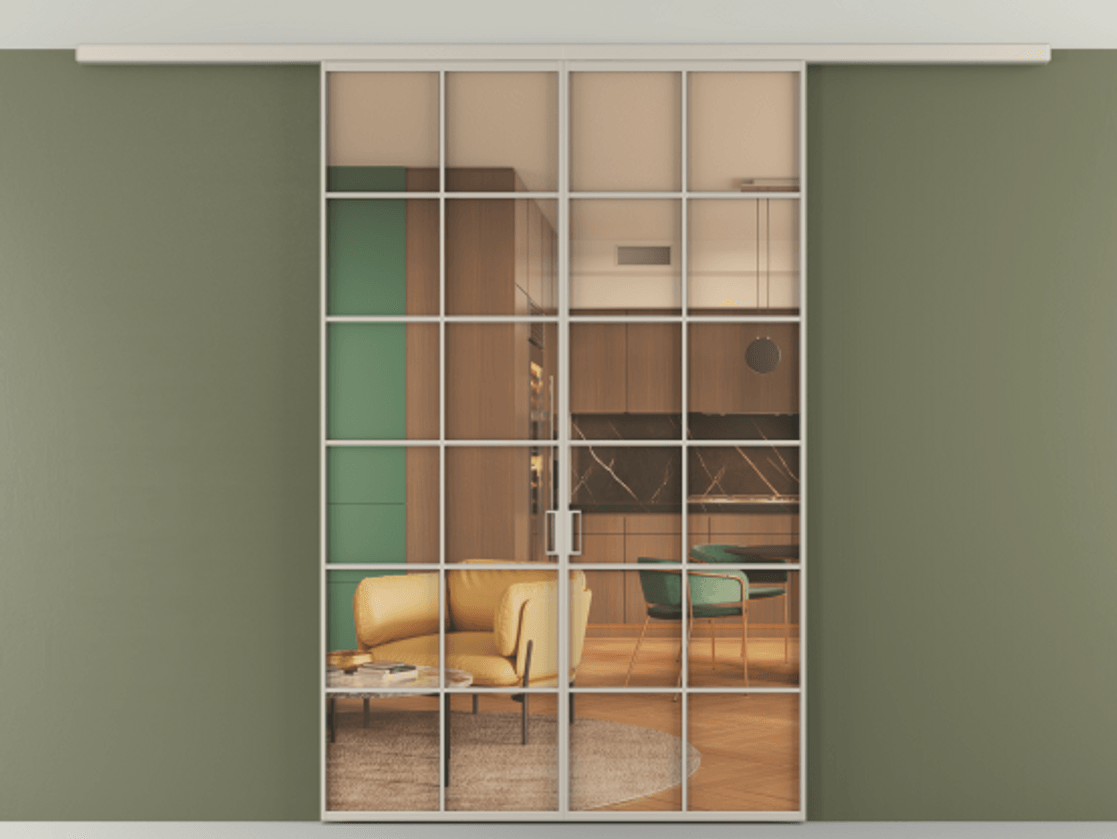 Перегородка Формато вдоль стены на потолок 2 створки АЛПР 040.05 Алюминий светло-бежевый Прозрачное оранжевое стекло, триплекс Цена 199485 ₽ | Volhovec