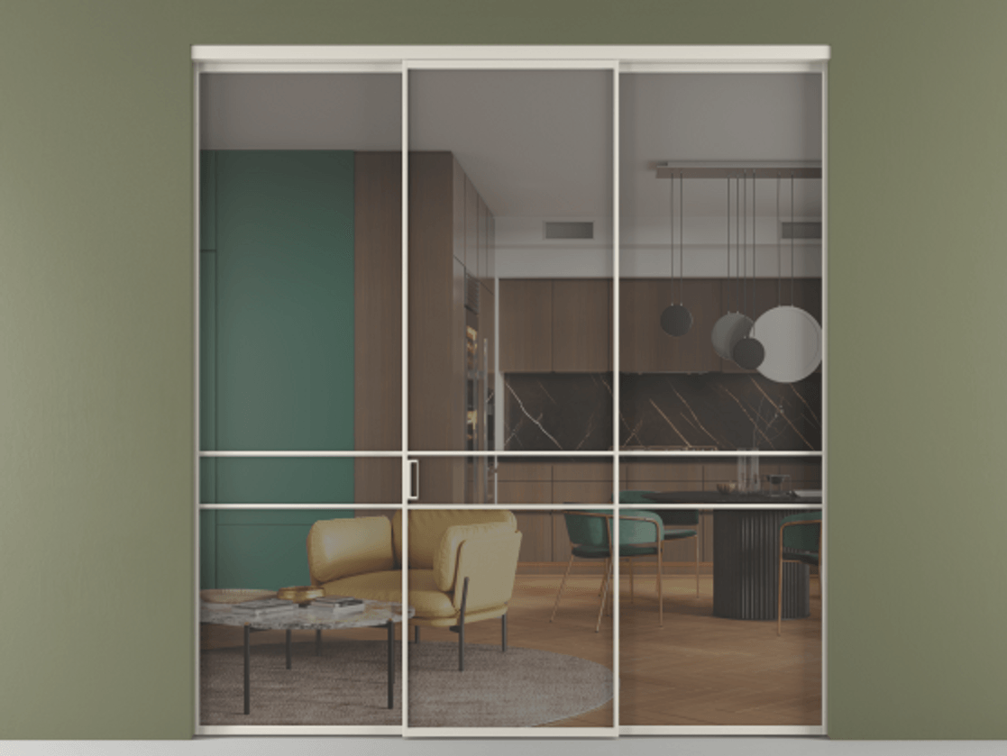 Перегородка Формато внутри проёма 3 створки АЛПР 040.02 Алюминий облачно-серый Рефлективное серое стекло "Стопсол", калёное Цена 317600 ₽ | Volhovec