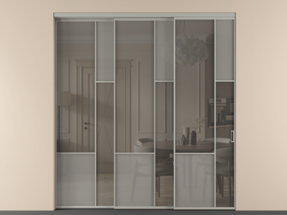 Перегородка Мозаик внутри проёма 3 створки с синхронным механизмом АЛПР 041.12 Алюминий нейтральный серый Сатинированное серое стекло, триплекс, 6 мм + Прозрачное серое стекло, триплекс Цена 437390 ₽ | Volhovec