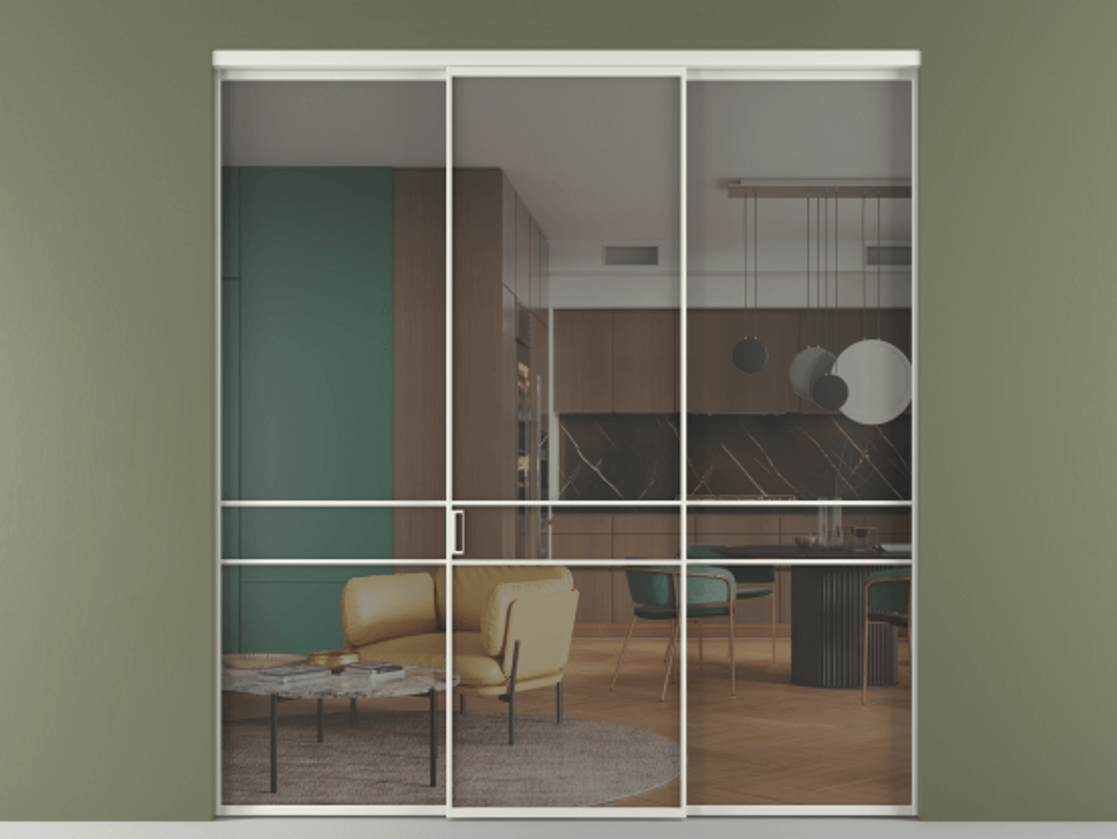 Перегородка Formato внутри проёма 3 створки АЛПР 040.02 Алюминий серый Прозрачное серое стекло, триплекс Цена 284730 ₽ | Volhovec