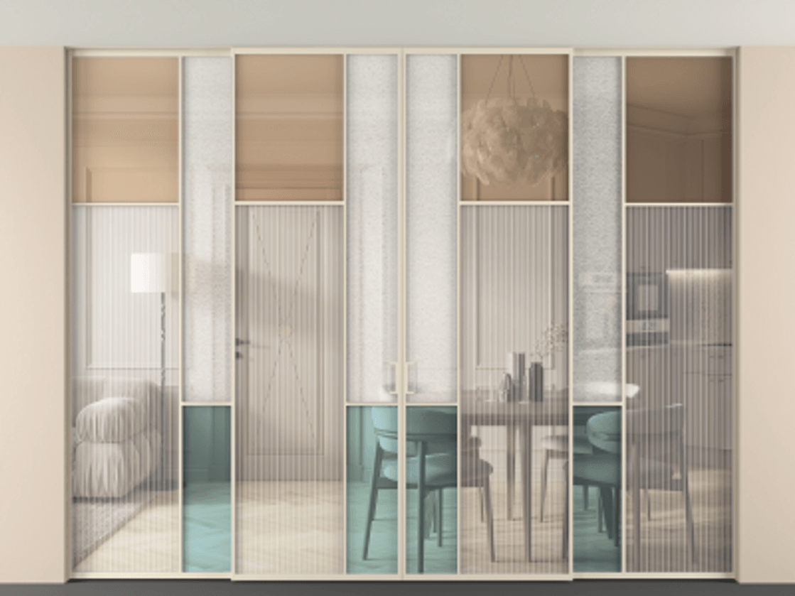 Перегородка Mosaic внутри проёма скрытое крепление в потолок 4 створки АЛПР 041.11 Алюминий бежево-серый Комбинация стекол Группы 1 и Группы 3 Цена 617260 ₽ | Volhovec