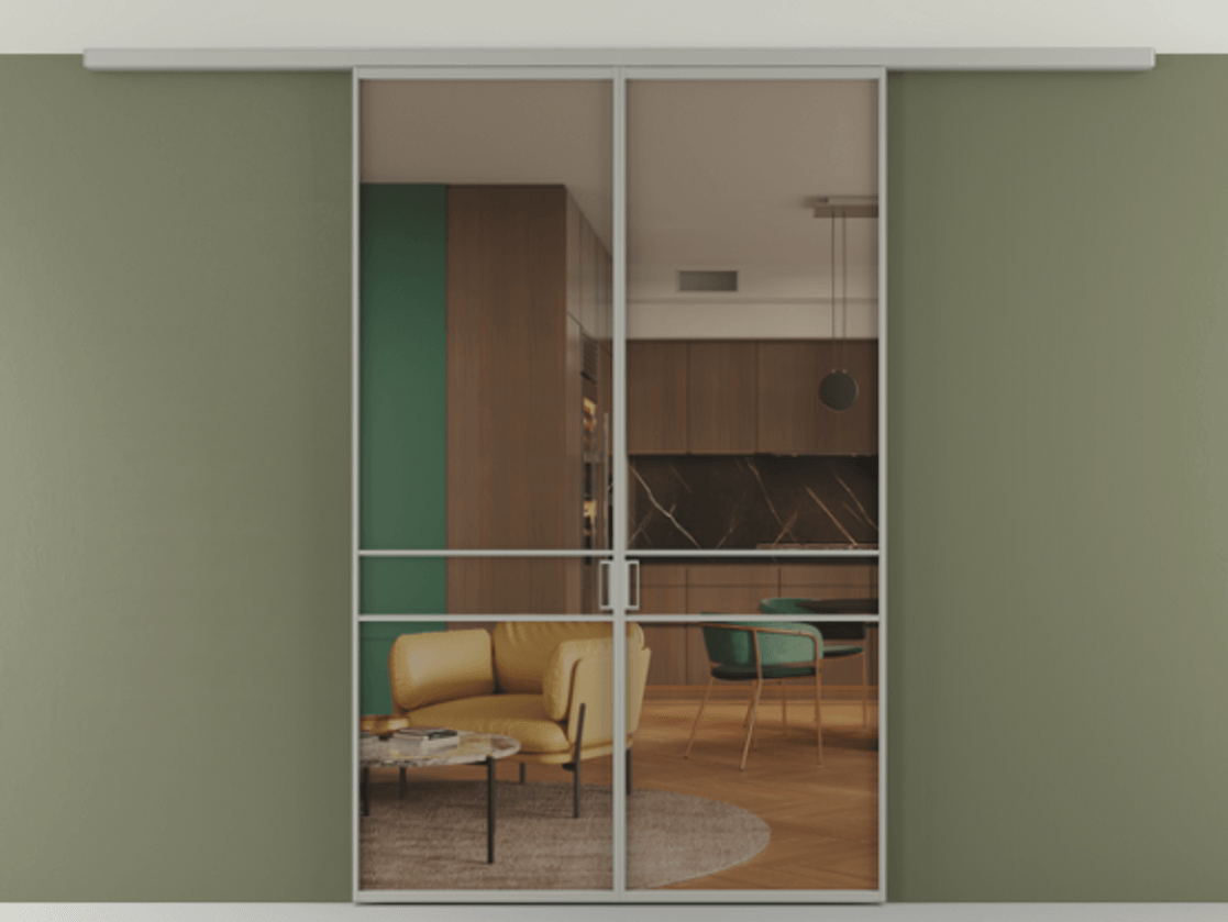 Перегородка Формато вдоль стены на потолок 2 створки АЛПР 040.02 Алюминий нейтральный серый Прозрачное бронзовое стекло, триплекс Цена 186615 ₽ | Volhovec