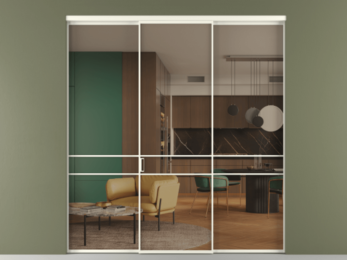 Перегородка Formato внутри проёма 3 створки АЛПР 040.02 Алюминий жемчужный Прозрачное бронзовое стекло, триплекс Цена 237275 ₽ | Volhovec