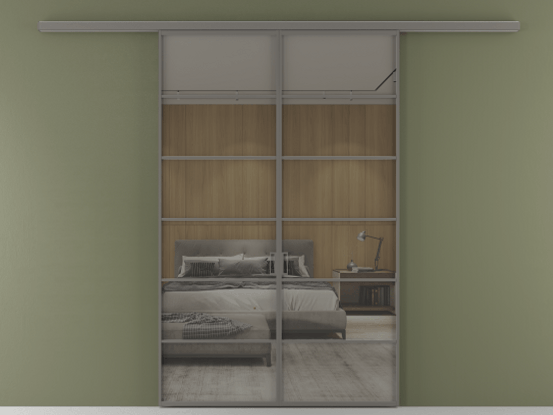 Перегородка Формато вдоль стены 2 створки АЛПР 040.04 Алюминий классический серый Рефлективное серое стекло "Стопсол", калёное Цена 1784460 AMD | Volhovec