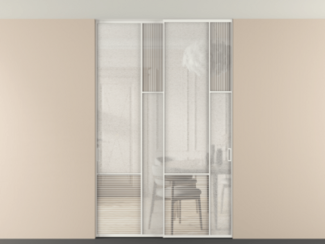 Перегородка Мозаик внутри проёма скрытое крепление в потолок 2 створки АЛПР 041.12 Алюминий светло-серый Рифлёное стекло "Дюна", триплекс, 6 мм + Фактурное стекло "Лёд", триплекс Цена 340580 ₽ | Volhovec