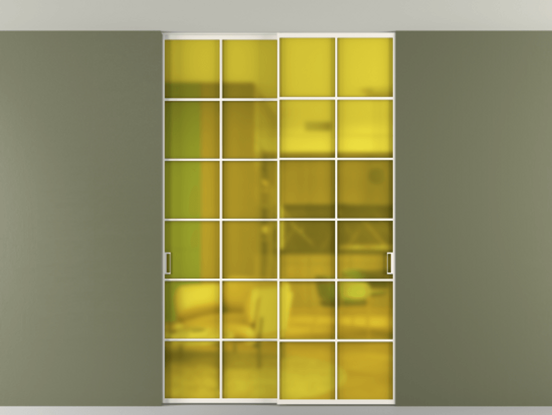 Перегородка Формато внутри проёма скрытое крепление в потолок 2 створки АЛПР 040.05 Алюминий пудровый белый Сатинированное жёлтое стекло, триплекс Цена 261085 ₽ | Volhovec