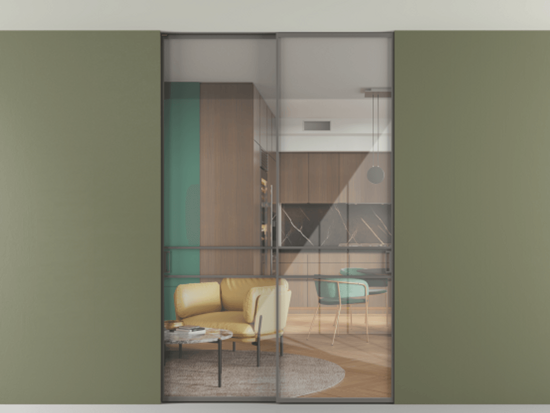 Перегородка Formato внутри проёма скрытое крепление в потолок 2 створки АЛПР 040.02 Алюминий классический серый Рефлективное прозрачное стекло "Stopsol", калёное Цена 305520 ₽ | Volhovec