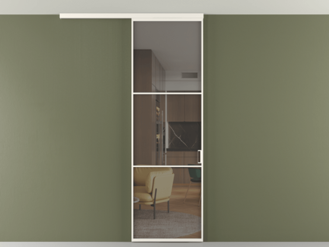 Перегородка Формато вдоль стены на потолок 1 створка АЛПР 040.03 Алюминий пудровый белый Прозрачное серое стекло, триплекс Цена 96858 ₽ | Volhovec