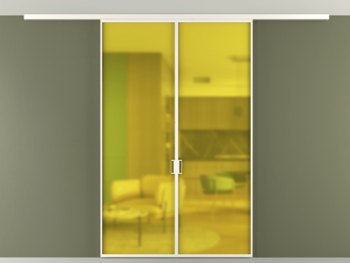 Перегородка Formato вдоль стены на потолок 2 створки АЛПР 040.01 Алюминий пудровый белый Сатинированное жёлтое стекло, триплекс Цена 216040 ₽ | Volhovec