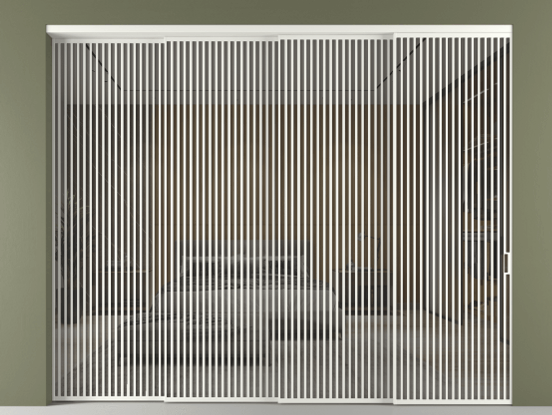 Перегородка Формато внутри проёма 4 створки с синхронным механизмом АЛПР 040.06 Алюминий светло-серый Рефлективное серое стекло "Стопсол", калёное Цена 802920 ₽ | Volhovec