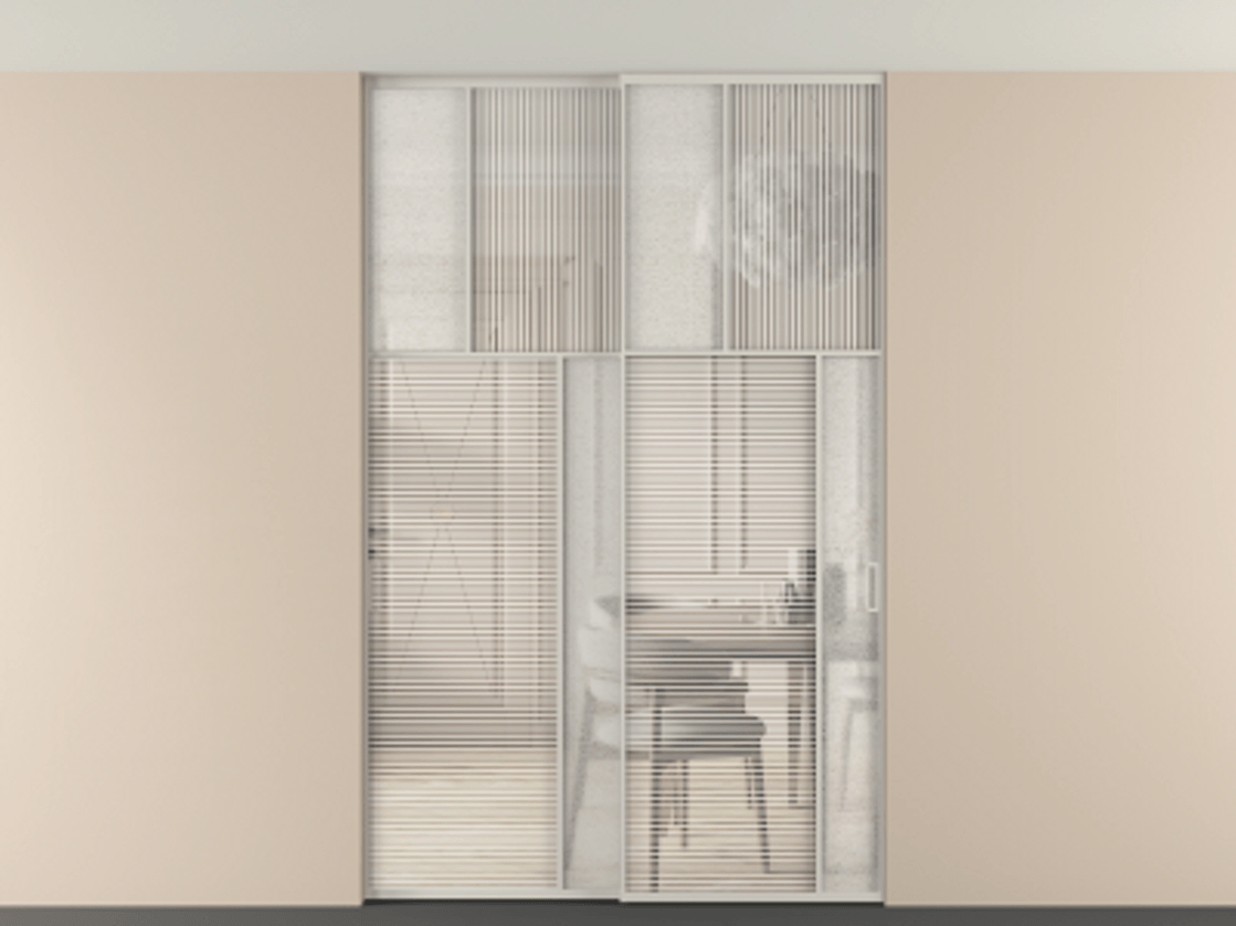 Перегородка Мозаик внутри проёма скрытое крепление в потолок 2 створки АЛПР 041.23 Алюминий тёплый серый Рифлёное стекло "Дюна", триплекс, 6 мм + Фактурное стекло "Лёд", триплекс Цена 17750 AZE | Volhovec