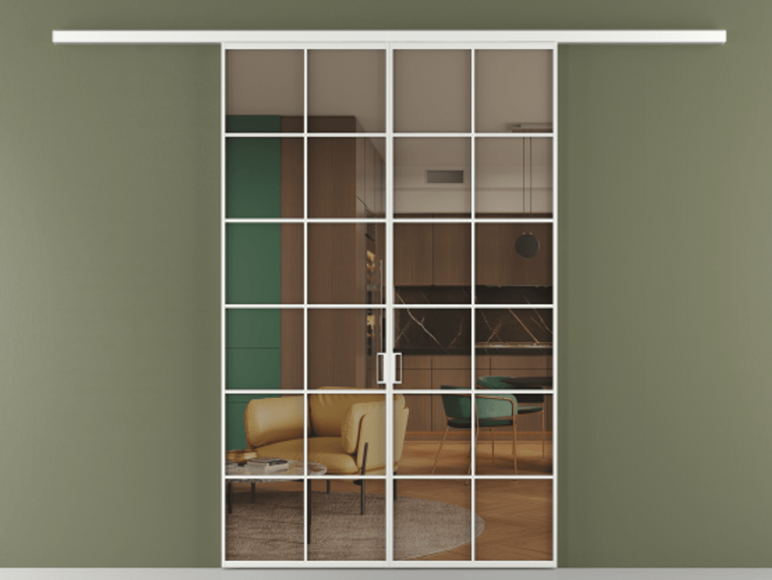 Перегородка Formato вдоль стены 2 створки АЛПР 040.05 Алюминий белоснежный Прозрачное бронзовое стекло, триплекс Цена 248600 ₽ | Volhovec