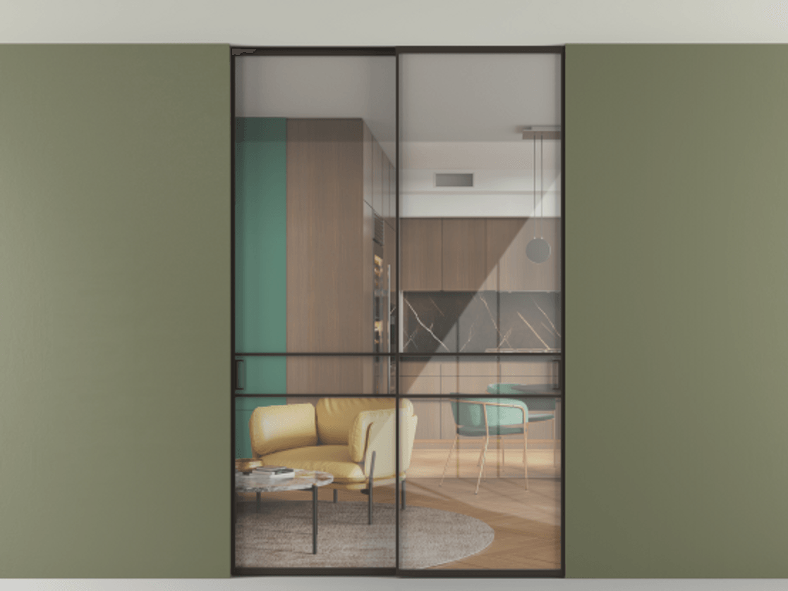 Перегородка Formato внутри проёма скрытое крепление в потолок 2 створки АЛПР 040.02 Алюминий антрацит Рефлективное прозрачное стекло "Stopsol", калёное Цена 305520 ₽ | Volhovec