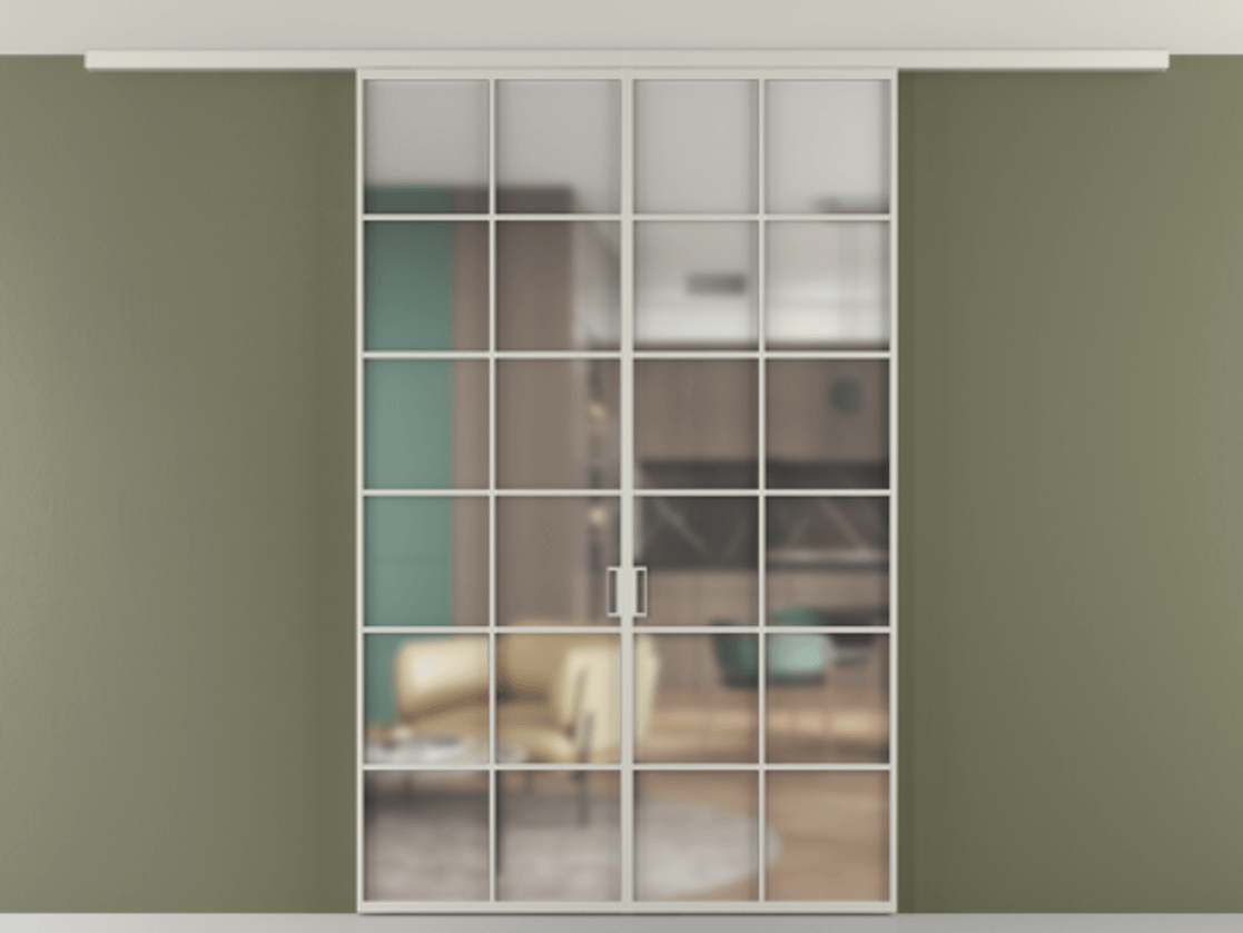 Перегородка Формато вдоль стены на потолок 2 створки АЛПР 040.05 Алюминий тёплый серый Сатинированное стекло "Мателюкс Кристал Вижн", калёное, матовое, каленое 6 мм Цена 261080 ₽ | Volhovec