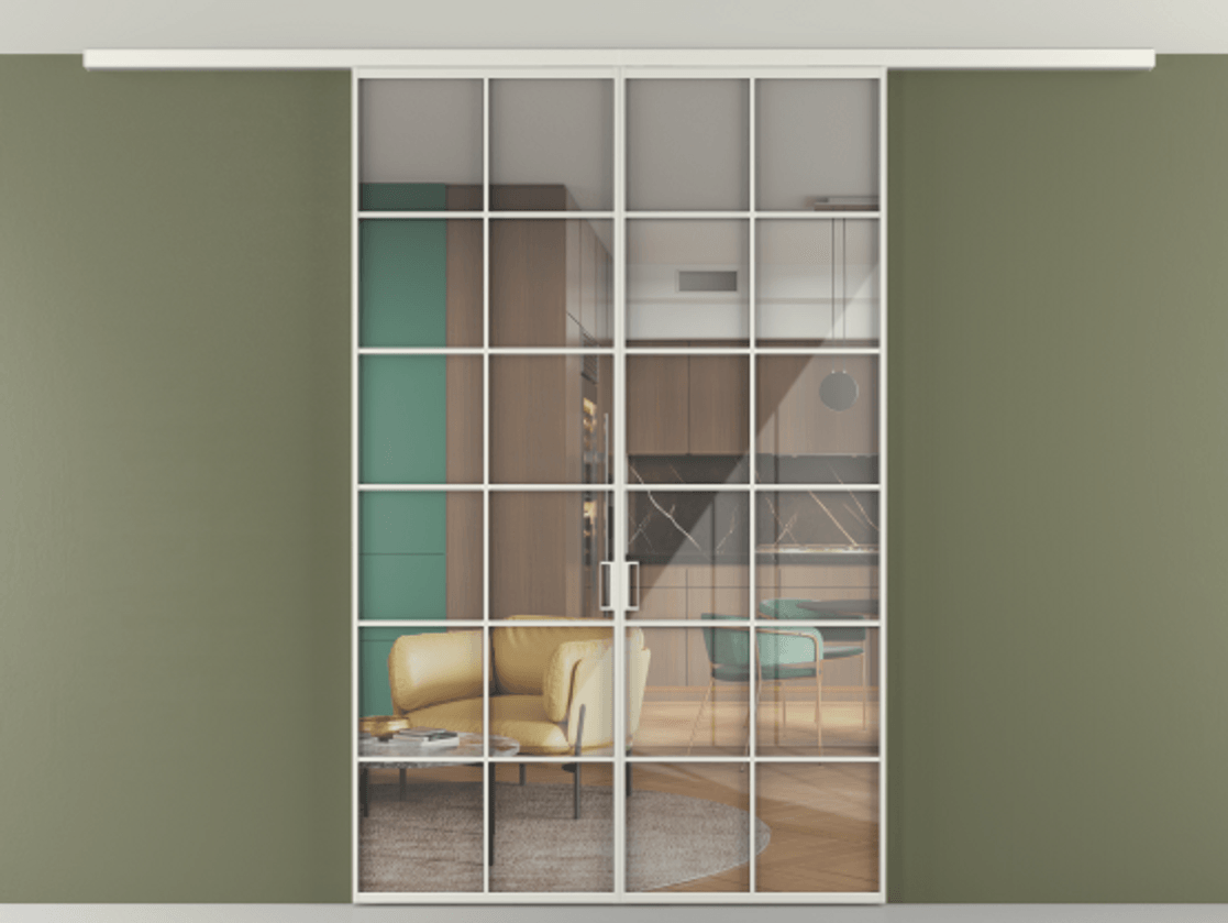 Перегородка Формато вдоль стены на потолок 2 створки АЛПР 040.05 Алюминий серый Рефлективное прозрачное стекло "Стопсол", калёное Цена 221404 ₽ | Volhovec