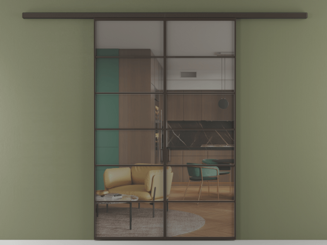 Перегородка Формато вдоль стены 2 створки АЛПР 040.04 Алюминий антрацит Прозрачное серое стекло, триплекс Цена 207150 ₽ | Volhovec