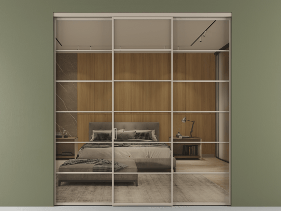 Перегородка Формато внутри проёма 3 створки АЛПР 040.04 Алюминий бисквитный Рефлективное бронзовое стекло "Стопсол", калёное Цена 341000 ₽ | Volhovec