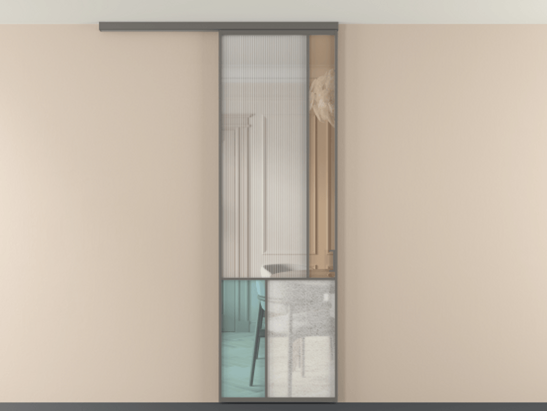 Перегородка Мозаик вдоль стены на потолок 1 створка АЛПР 041.21 Алюминий классический серый Комбинация стекол Группы 1 и Группы 3 Цена 141040 ₽ | Volhovec