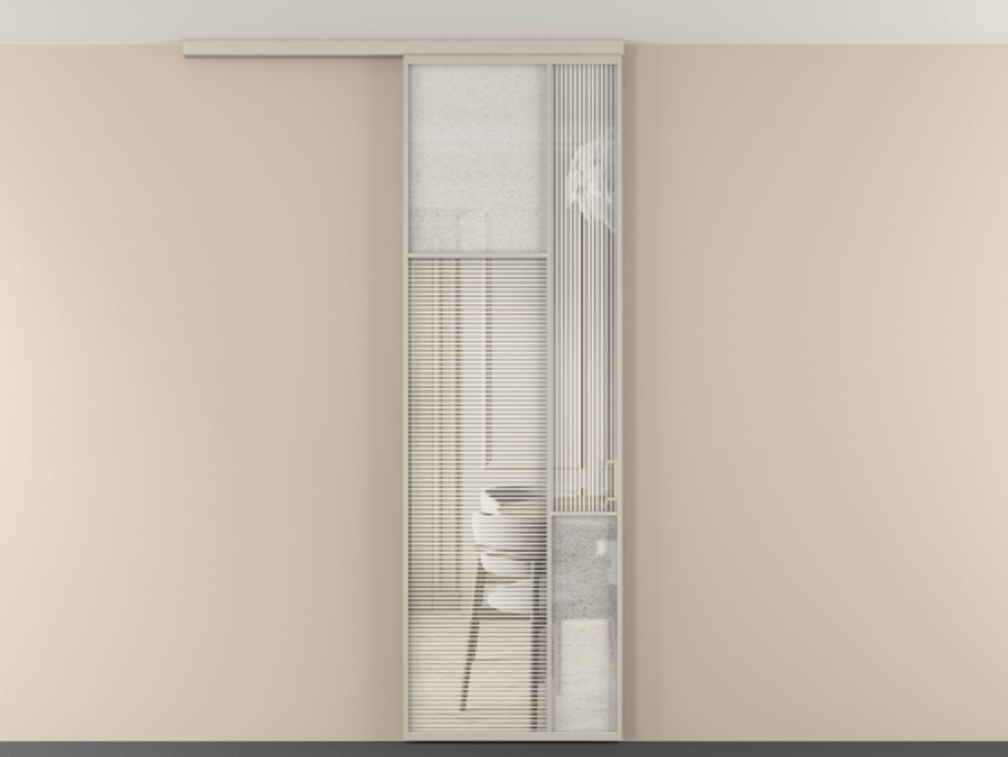 Перегородка Мозаик вдоль стены на потолок 1 створка АЛПР 041.10 Алюминий светло-бежевый Рифлёное стекло "Дюна", триплекс, 6 мм + Фактурное стекло "Лёд", триплекс Цена 143040 ₽ | Volhovec