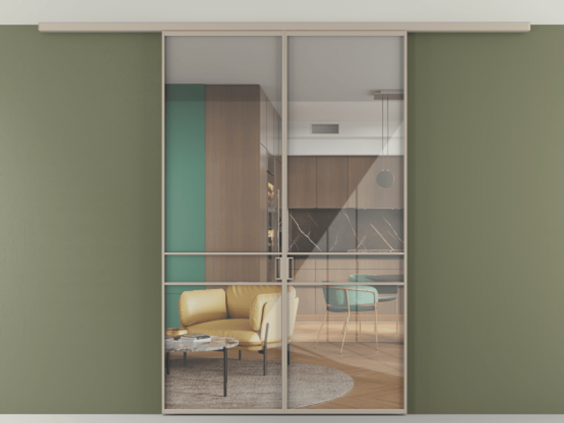 Перегородка Формато вдоль стены на потолок 2 створки АЛПР 040.02 Алюминий бисквитный Рефлективное прозрачное стекло "Стопсол", калёное Цена 207676 ₽ | Volhovec