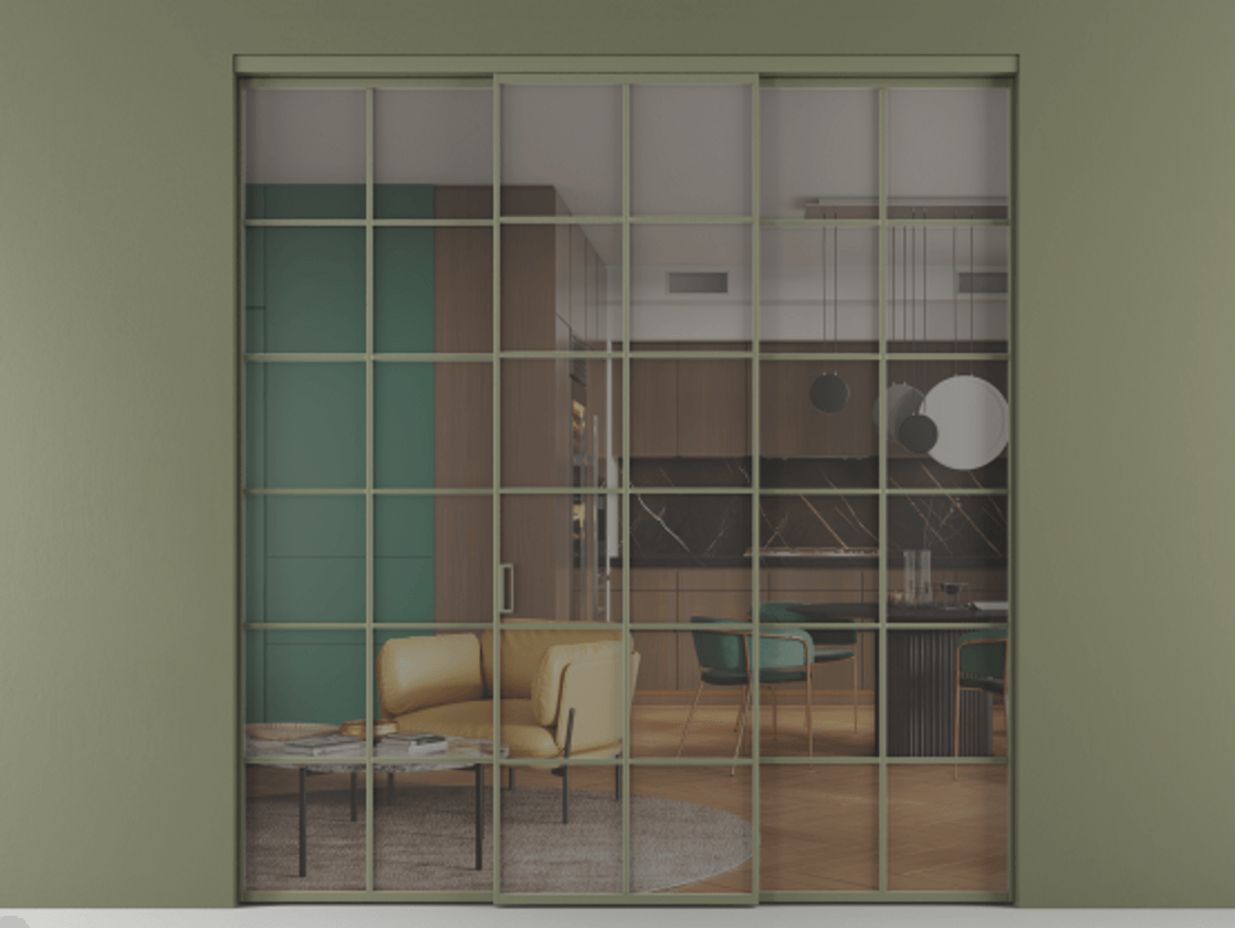 Перегородка Формато внутри проёма 3 створки АЛПР 040.05 Алюминий оливковый тёмный Прозрачное серое стекло, триплекс Цена 254825 ₽ | Volhovec