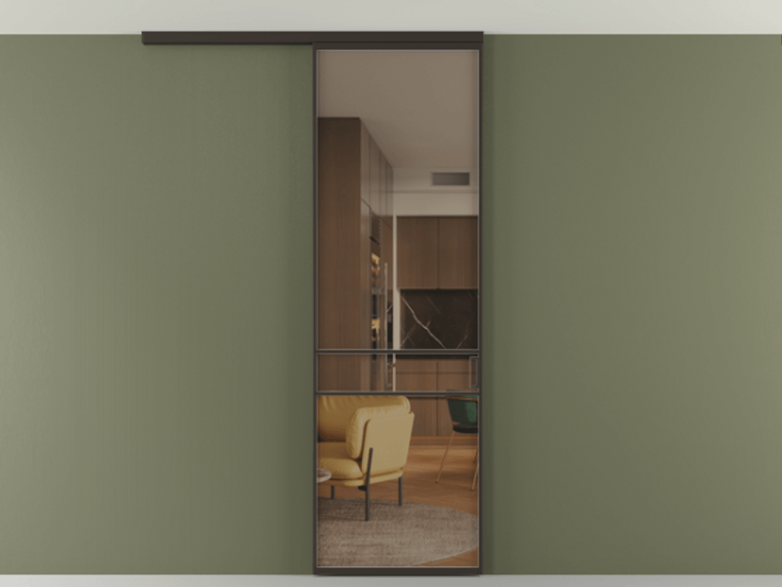 Перегородка Формато вдоль стены на потолок 1 створка АЛПР 040.02 Алюминий антрацит Прозрачное бронзовое стекло, триплекс Цена 96858 ₽ | Volhovec