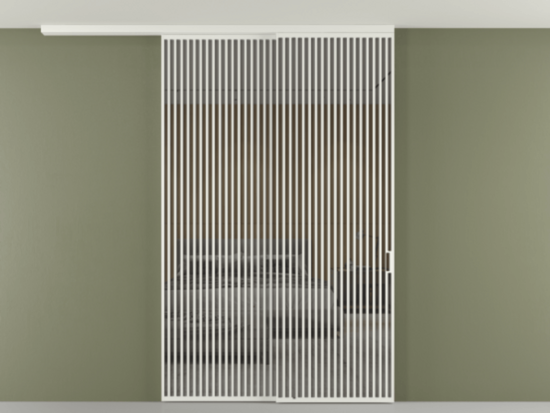 Перегородка Формато вдоль стены на потолок 2 створки с синхронным механизмом АЛПР 040.06 Алюминий светло-серый Рефлективное серое стекло "Стопсол", калёное Цена 542620 ₽ | Volhovec