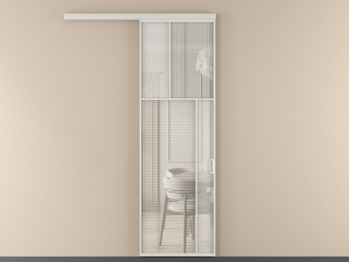 Перегородка Mosaic вдоль стены 1 створка АЛПР 041.23 Алюминий Белый Рифлёное стекло "Дюна", триплекс, 6 мм + Фактурное стекло "Лёд", триплекс Цена 940050 AMD | Volhovec