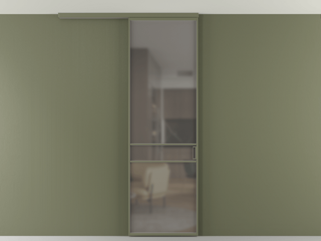 Перегородка Формато вдоль стены на потолок 1 створка АЛПР 040.02 Алюминий оливковый тёмный Сатинированное серое стекло, триплекс Цена 96858 ₽ | Volhovec