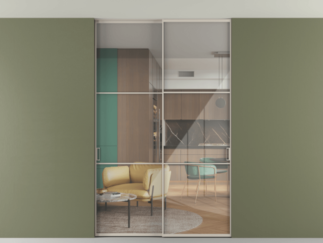 Перегородка Формато внутри проёма скрытое крепление в потолок 2 створки АЛПР 040.03 Алюминий светло-бежевый Рефлективное прозрачное стекло "Стопсол", калёное Цена 305520 ₽ | Volhovec