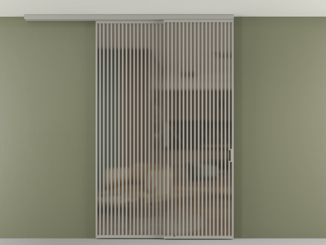 Перегородка Формато вдоль стены на потолок 2 створки с синхронным механизмом АЛПР 040.06 Алюминий нейтральный серый Сатинированное бронзовое стекло, триплекс Цена 450456 ₽ | Volhovec