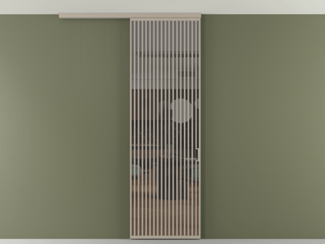 Перегородка Формато вдоль стены на потолок 1 створка АЛПР 040.06 Алюминий бисквитный Прозрачное серое стекло, триплекс Цена 187228 ₽ | Volhovec