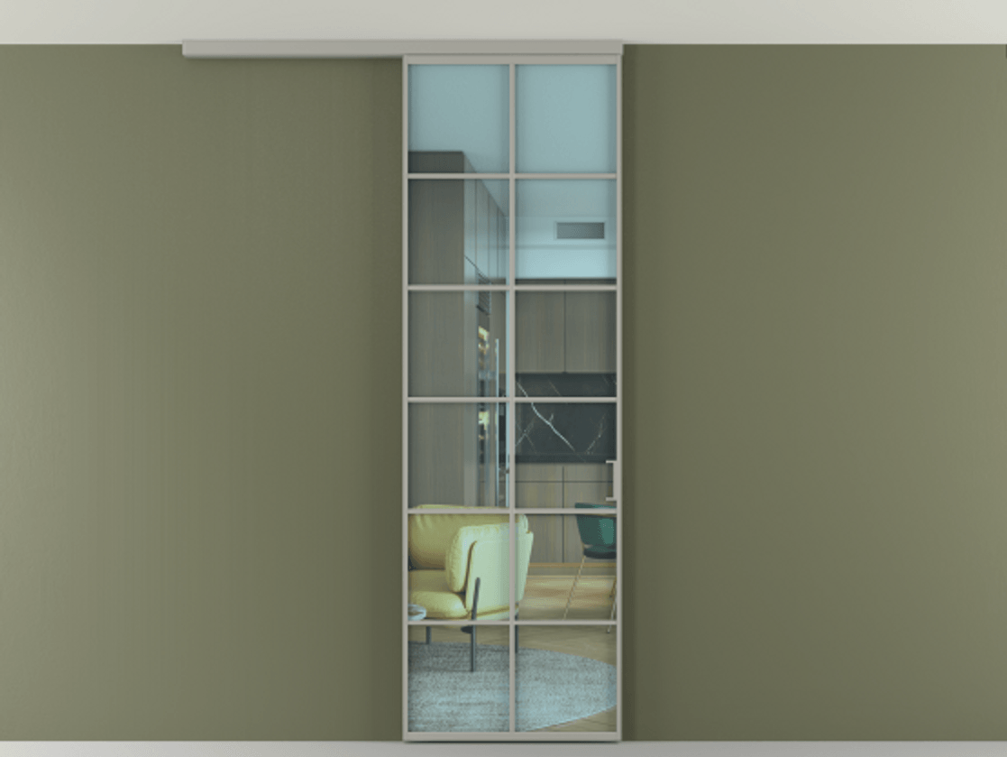 Перегородка Формато вдоль стены на потолок 1 створка АЛПР 040.05 Алюминий нейтральный серый Прозрачное голубое стекло, триплекс Цена 103293 ₽ | Volhovec