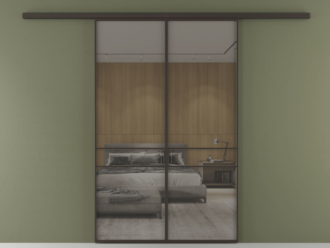 Перегородка Formato вдоль стены 2 створки АЛПР 040.02 Алюминий антрацит Рефлективное серое стекло "Stopsol", калёное Цена 249000 ₽ | Volhovec