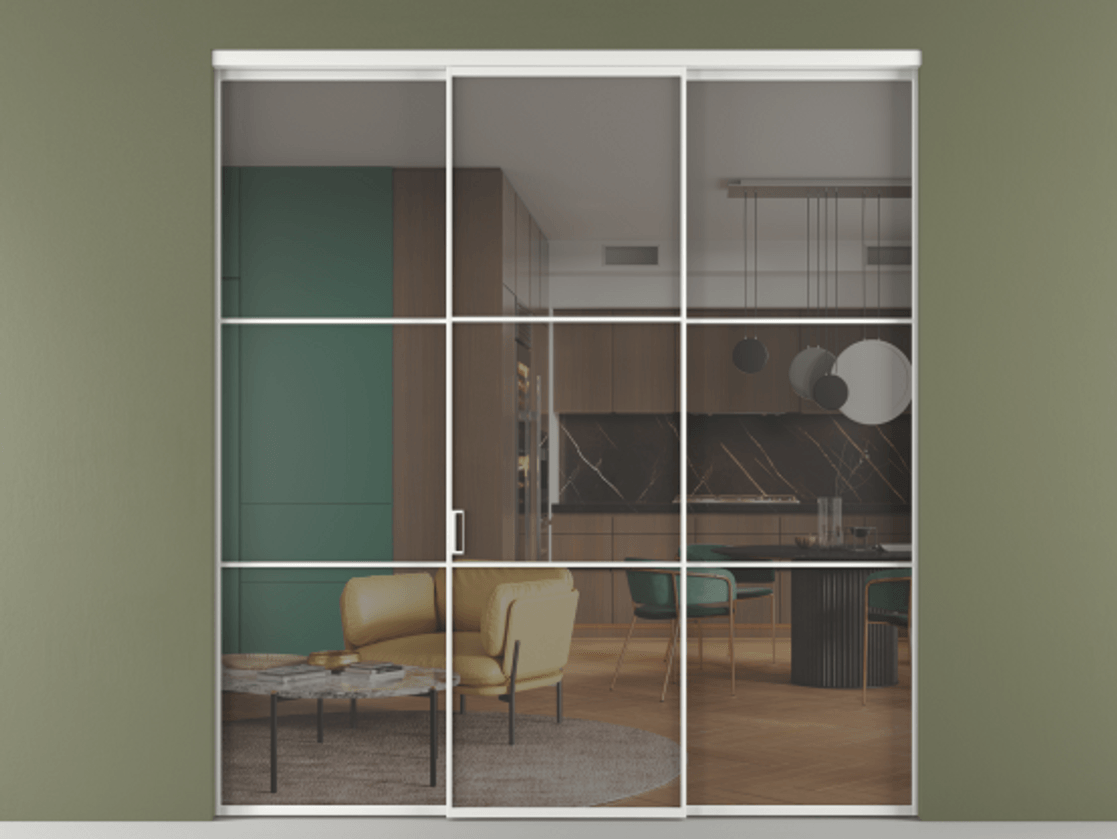 Перегородка Formato внутри проёма 3 створки АЛПР 040.03 Алюминий белоснежный Прозрачное серое стекло, триплекс Цена 237275 ₽ | Volhovec