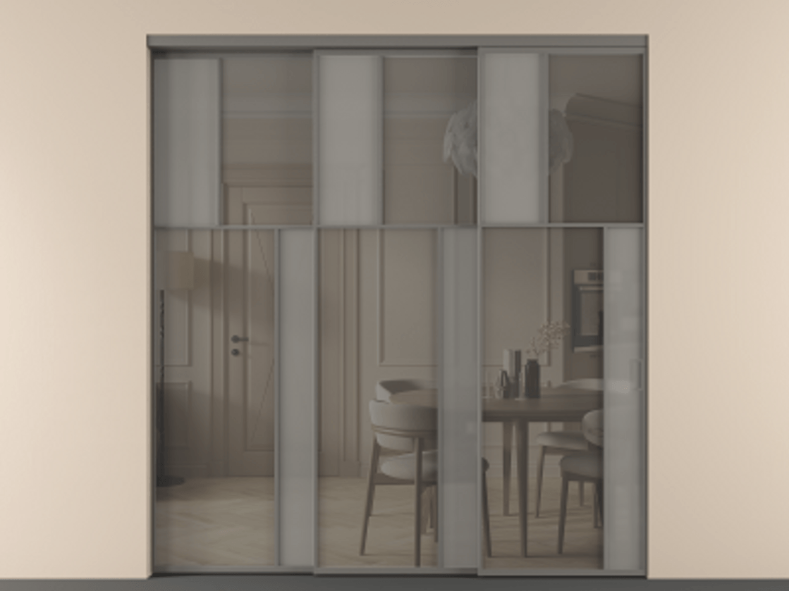 Перегородка Мозаик внутри проёма 3 створки с синхронным механизмом АЛПР 041.23 Алюминий классический серый Сатинированное серое стекло, триплекс, 6 мм + Прозрачное серое стекло, триплекс Цена 437390 ₽ | Volhovec